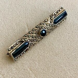 Vintage Sterling Silver Black Onyx Marcasite Bar Brooch Pin